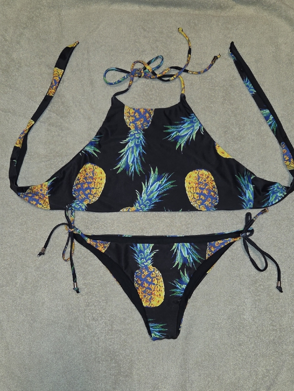 Black Pineapple Print Halter Bikini Top & Tie‑Side Bottom